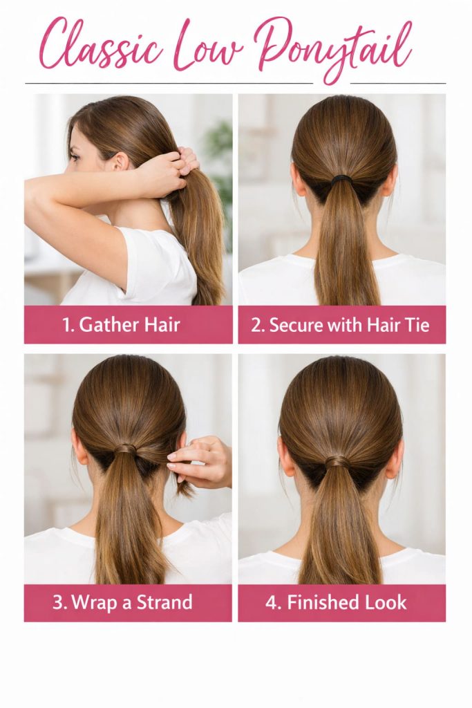 Easy Hairstyles for long hair - Classic Low Ponytail Hairstyle